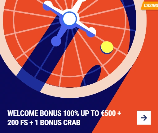 Welcome Bonus 100% up to €500 + 200 FS + 1 Bonus Crab